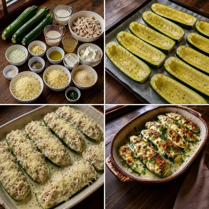 Cremige Hühnchen Alfredo gefüllte Zucchini-Boote