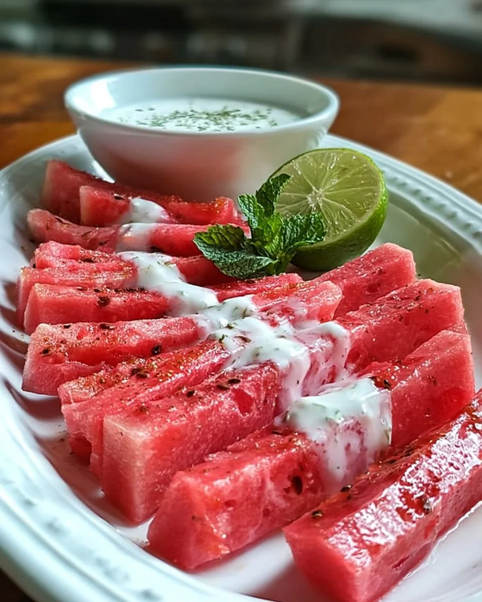 Gesunde Wassermelonen-Pommes auf einem Teller mit frischen Kräutern