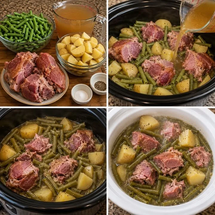 Langsam gekochter Amish-Hühnchen-Schinken und grüne Bohnen