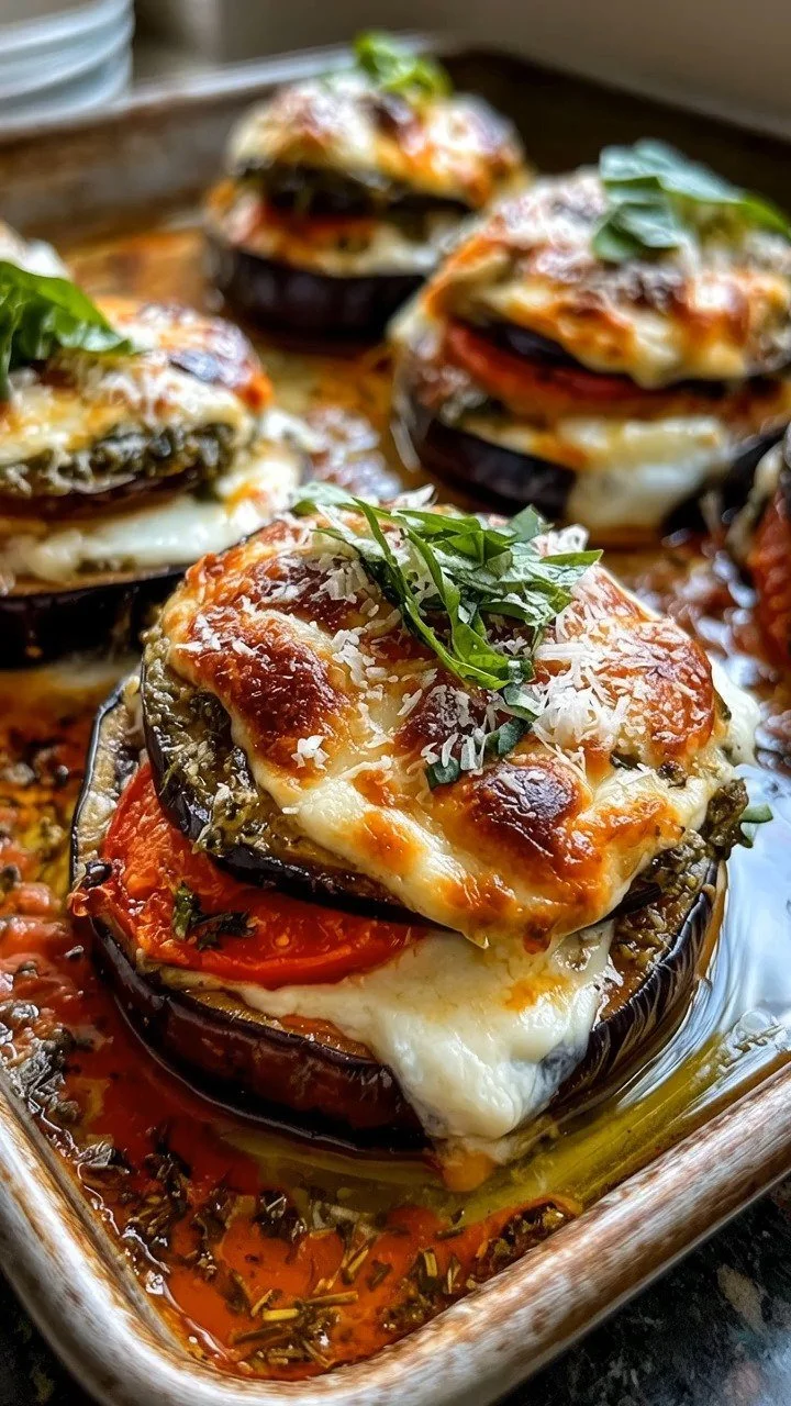 Caprese-Pesto-Auberginenstapel