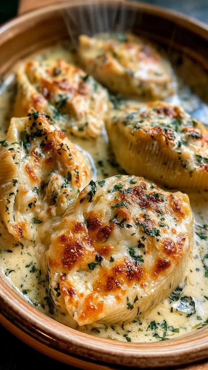 Cremige Knoblauch-Parmesan-Hühnchen gefüllte Muscheln