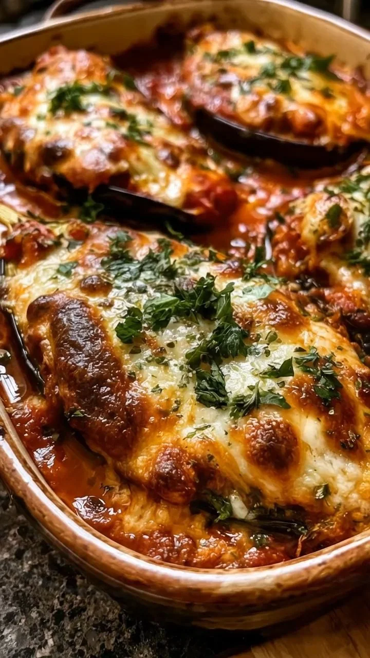 Käse-Hühnchen-Parmesan gefüllte Aubergine