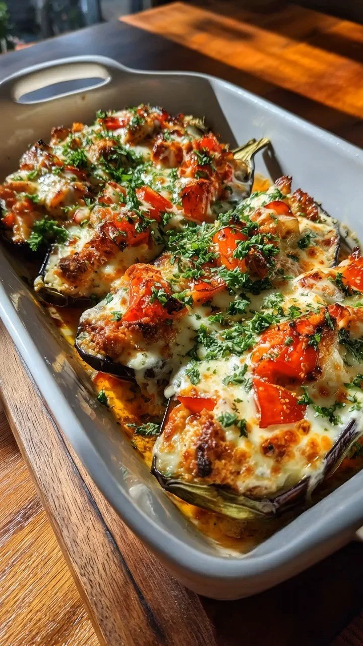 Käse Knoblauch Parmesan Hähnchen gefüllte Aubergine