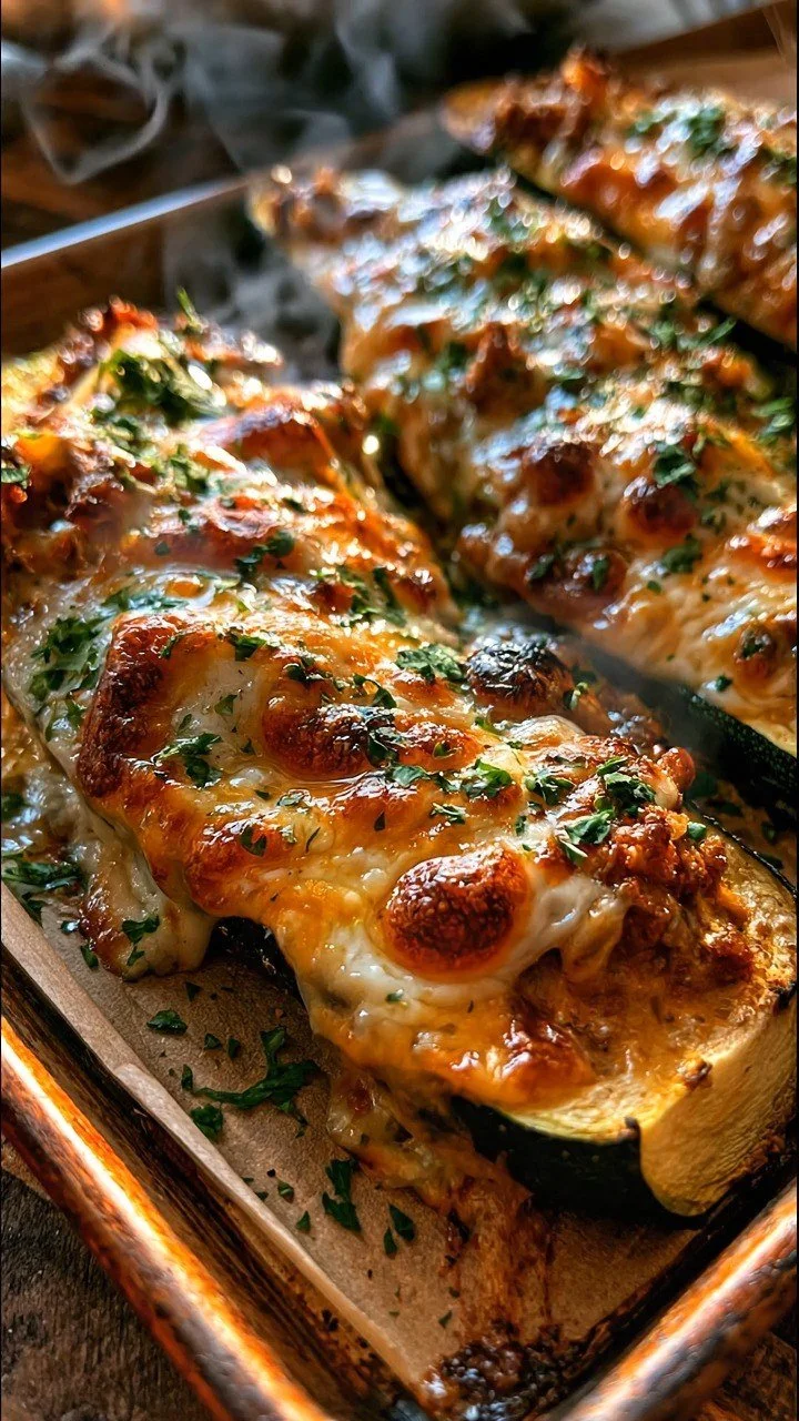 Knoblauch Parmesan Hähnchen gefüllte Zucchini-Boote