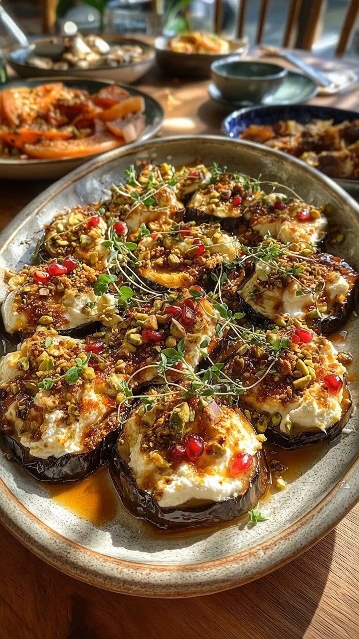 Roasted eggplant with whipped feta and pistachios