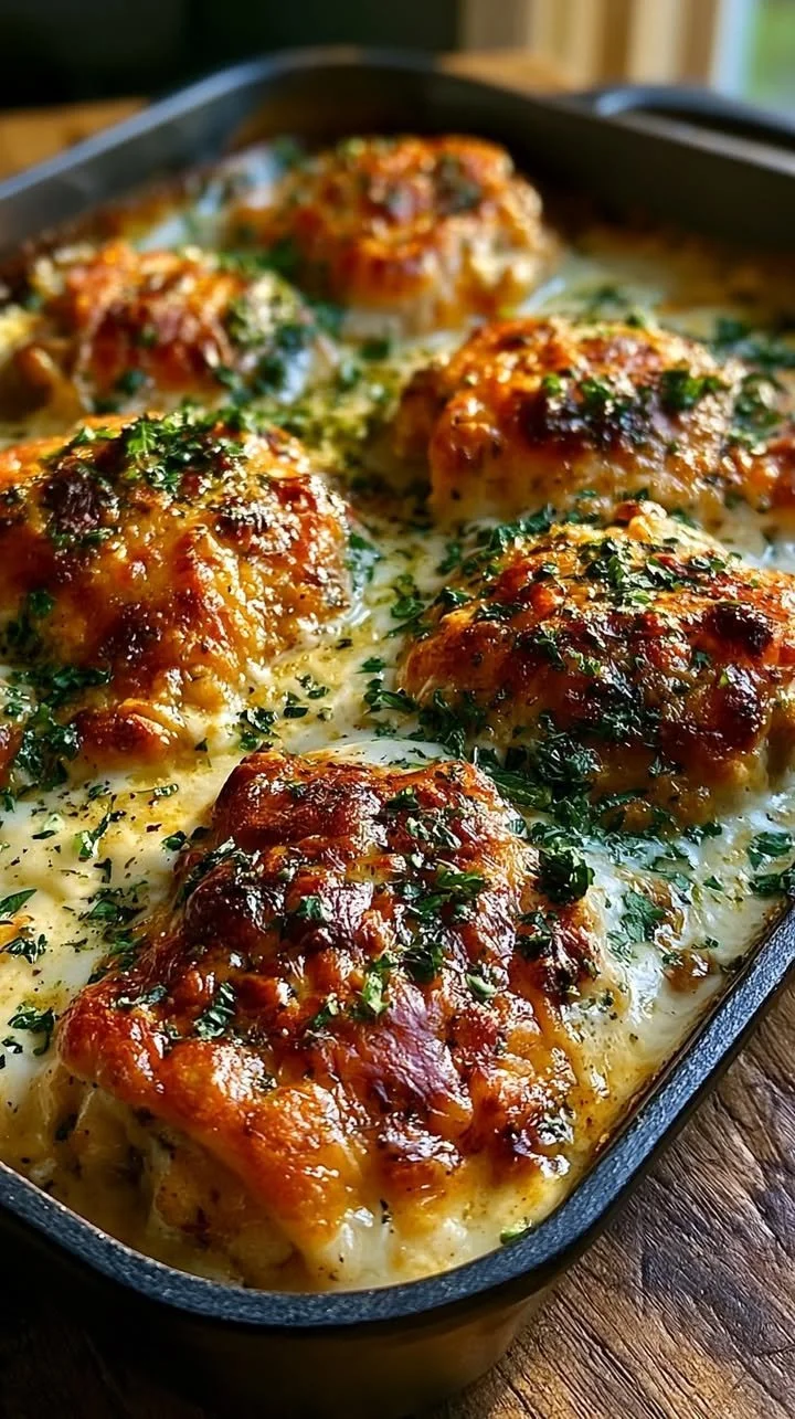 Überbackenes Hähnchen in einer cremigen Knoblauch-Käse-Soße